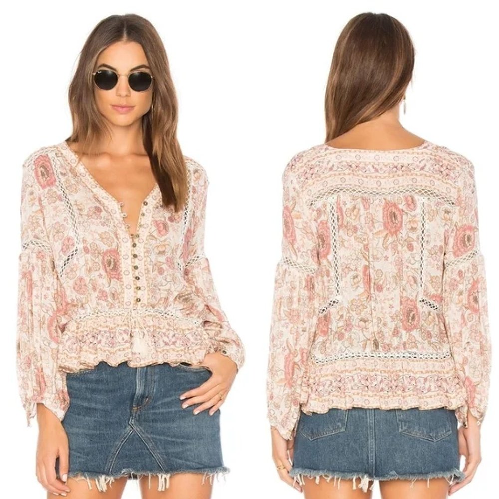 Boho Floral Peasant Blouse in Blush Pink